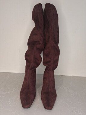 Maroon Suede Calf Boots Heels, Size 8